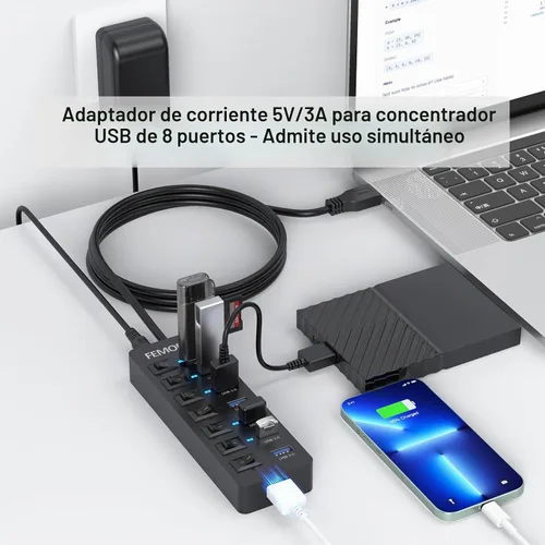 Vista 7 de Hub USB 3.0 alimentado, 7 puertos de datos y 1 puerto de carga, cable de 4