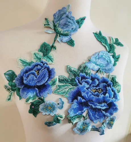 Vista 4 de 2 parches de apliques de costura bordados con hermosas flores (azul B)