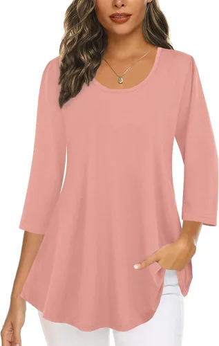 Vista 13 de Tencole Camisas de manga 3/4 para mujer Blusas tipo túnica elegantes Ropa casual con floral Aguamarina Beige