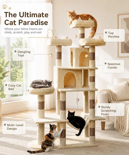 Vista 2 de PMT03BW - Árbol para gatos de interior, torre grande de 71 pulgadas con poste rascador y percha superior, hamaca, condominio para gatos adultos