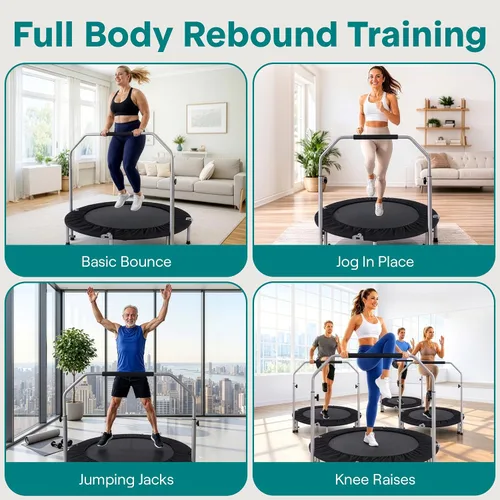 Vista 7 de SereneLife 40" Foldable Mini Trampoline for Adults - Compact Fitness Rebounder with Adjustable Foam Handle, Exercise Trampoline with Max Load
