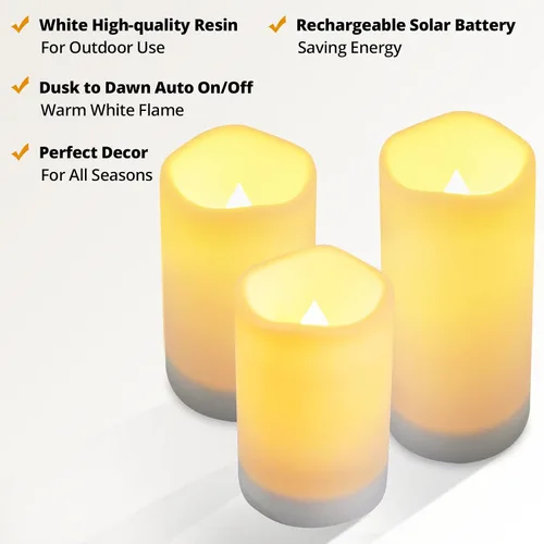 Vista 3 de NURADA Velas solares grandes para exteriores, juego de velas recargables impermeables sin llama, resina blanca, luz LED, batería solar recargable