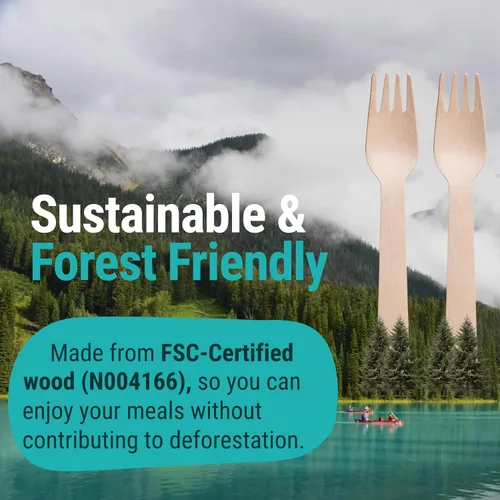 Vista 6 de Tenedores de madera desechables para comer, 300 piezas, resistentes y afilados, nuestra madera certificada FSC sin culpa protege los bosques, una