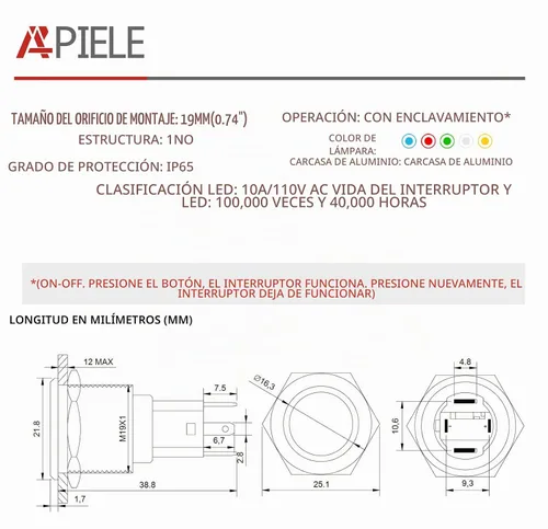 Vista 2 de APIELE 110V-220V 19mm interruptor de botón de cierre 10 Amp SPST LED Impermeable Redondo autobloqueante 1NO (Negro Aluminio, Azul)