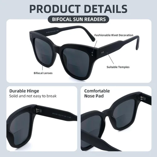 Vista 5 de Lentes de sol bifocales para mujeres y hombres, a la moda, cuadrados, para lectura de sol, lentes de lectura UV400 al aire libre superior 0 fuerza