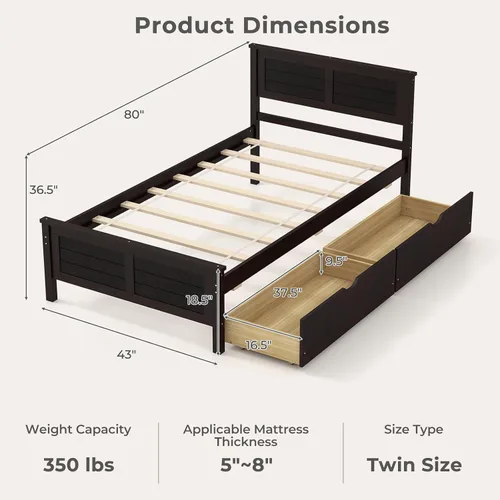 Vista 2 de Giantex Cama individual de madera con 2 cajones de almacenamiento, plataforma de madera maciza con cabecero, base de colchón de soporte de listones