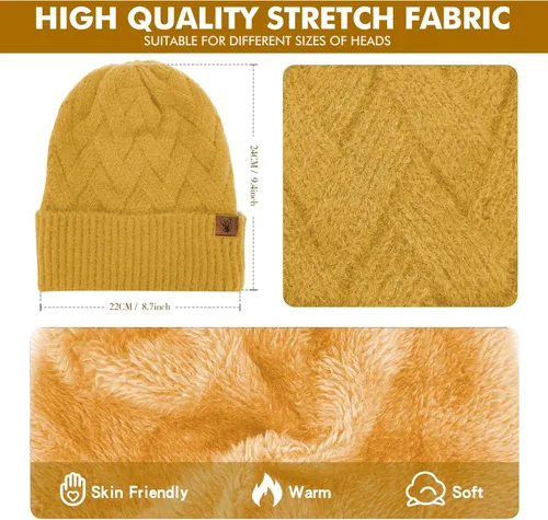 Vista 2 de Gorro de punto de invierno para mujer con guantes para pantalla táctil, gorro de pompón, bufandas para el cuello para hombres