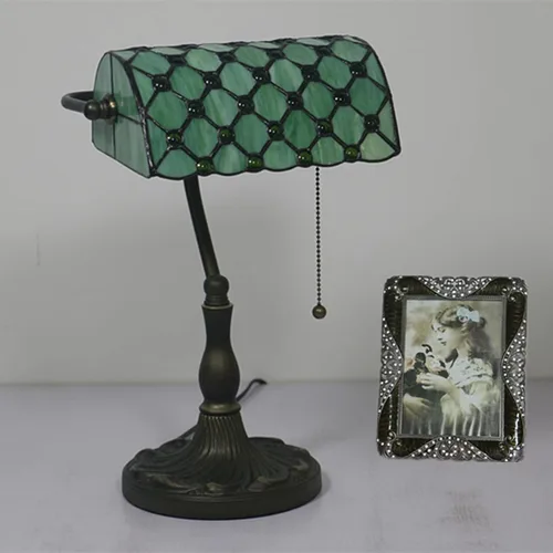 Vista 4 de Bankers Lamp Green Tiffany Antique Table Vintage Glass Retro with Pull Switch E27 Bedside Office Light for Desk Livingroom