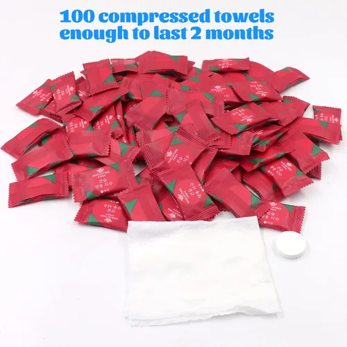 Vista 6 de 100 toallas comprimidas, toalla comprimida desechable, toalla comprimida para manos, toalla de campamento, tejido de monedas comprimido portátil