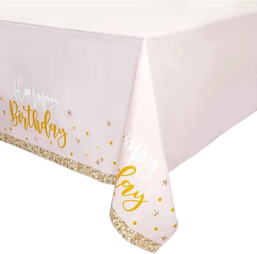 Vista 3 de Sparkle and Bash Mantel rectangular de feliz cumpleaños rosa y dorado, mantel de plástico reutilizable y duradero, telón de fondo de fotos