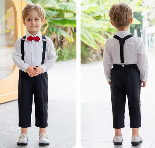 Vista 5 de Pifiko - Ropa de vestir para niño, traje formal para niños, camisa + corbatín + chaleco + pantalones con tirantes para niños