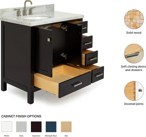 Vista 6 de ARIEL Cambridge - Mueble de baño con lavabo de 36 pulgadas, madera maciza, encimera y salpicadero italiano de mármol de Carrara de 1.5 pulgadas