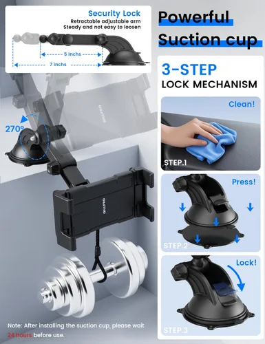 Vista 6 de OHLPRO Soporte para tablet de automóvil con ventosa para tablero y parabrisas, abrazadera ajustable de rotación de 360° con brazo telescópico