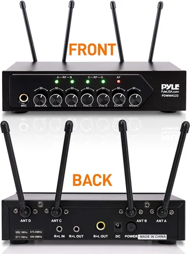 Vista 3 de Pyle Sistema de micrófono inalámbrico UHF portátil, funciona con pilas, juego de cuatro micrófonos inalámbricos Bluetooth con frecuencia