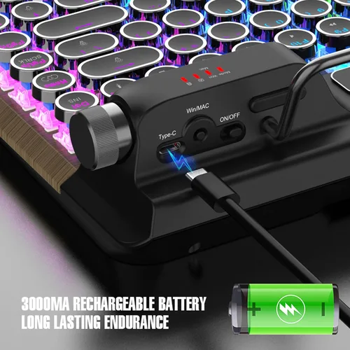 Vista 3 de Yoidesu Mechanical Keyboard, Bluetooth 5.0 Computer Keyboards with 84 Key Blue Switches, Punk Round Keycap, RGB Backlight, Retro Typewriter