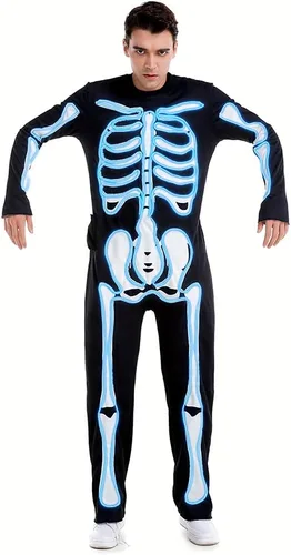Vista 2 de HSCTEK Disfraz de esqueleto iluminado para adultos, disfraz LED de Azul