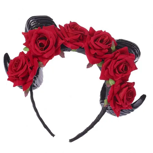 Vista 7 de Beaupretty Diademas de flores de cuerno, Halloween de oveja negra, cuernos de terror, rosa roja, diadema de diablo para cosplay, disfraz de fiesta