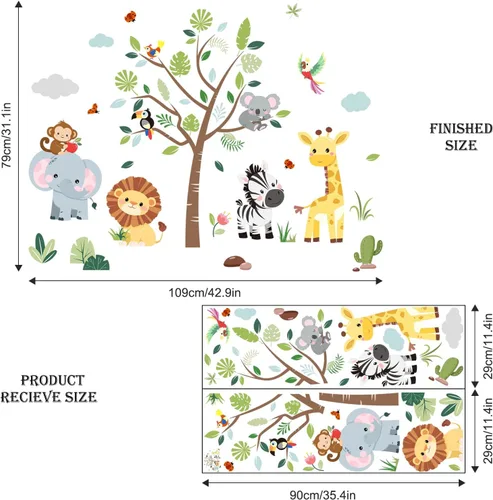 Vista 7 de Calcomanías de pared de animales de la selva, elefante, jirafa, león, cebra, calcomanías de pared para niños, dormitorio, sala de estar, guardería
