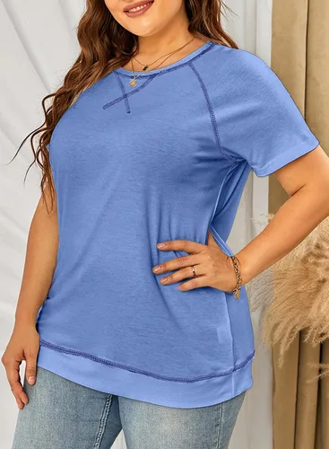 Vista 124 de Eytino Blusas de talla grande para mujer, cuello en V, manga corta, a rayas, casual, holgada, con bolsillo (1X-5X)
