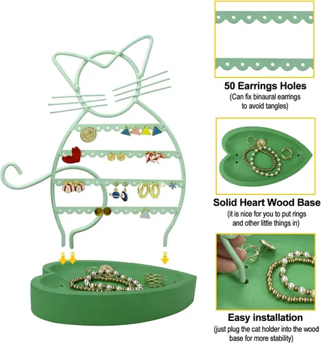 Vista 4 de ERYTLLY Organizador de aretes, organizador de aretes en forma de gato, con base de madera, organizador de collares, 47 agujeros para aretes, soporte