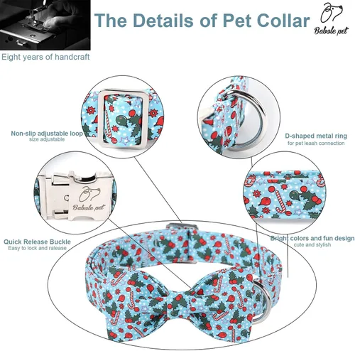 Vista 4 de Collar de Navidad para Perro con Pajarita - Lindo Collar de Cachorro Azul con Patrón Navideño de Cereza y Caramelo, Hebilla de Metal Ajustable
