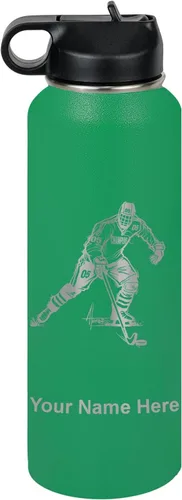 Vista 59 de LaserGram Botella de agua personalizada, jugador de hockey, acero inoxidable de doble pared aislada al vacío con popote superior, regalo grabado