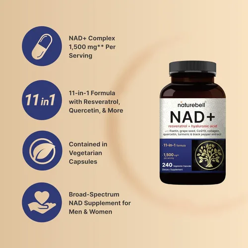 Vista 3 de NatureBell NAD+ Complejo 11 en 1 1,500 mg** por porción, 240 cápsulas vegetales Alternativa de suplemento NMN NAD con resveratrol, CoQ10, ácido