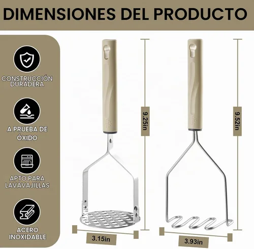 Vista 4 de Triturador de patatas de acero inoxidable, 2 piezas de puré de papas resistente, herramienta de cocina y trituradora de alimentos para papas