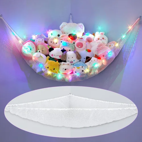 Vista 11 de Unicorn Castle Hamaca de red para animales de peluche, almacenamiento de juguetes con luz LED, organizador de juguetes de felpa para colgar