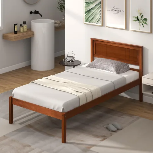 Vista 3 de Giantex Base de cama individual con cabecero, cama de plataforma de madera maciza con soporte de listones de madera, cama individual