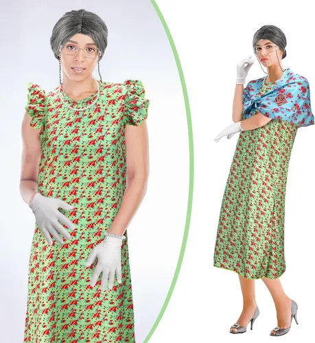 Vista 5 de Yingzhao 20 piezas de disfraz de anciana de Halloween para abuela, peluca de abuelita, vestido de tatuajes antiarrugas con rodillos, gafas de caña