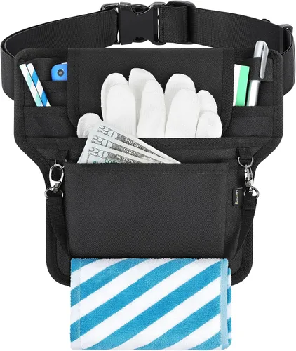 Vista 10 de Likesing Delantal de servidor, delantal de servicio con bolsillos para camarera, bolsa de herramientas de cintura para camarero con cinturón Negro-5