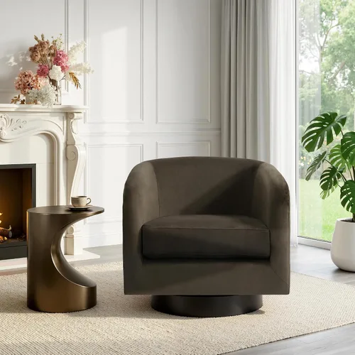 Vista 16 de Silla Giratoria de Acento de Cuero Sintético con Base de Madera, Sillas de Barril Tapizadas Modernas para Sala de Estar, Cómodo Sillón Redondo Sofá