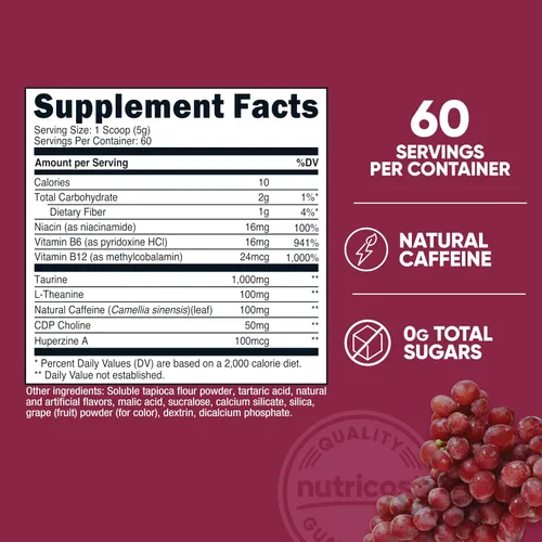 Vista 2 de Nutricost Bebida energética en polvo (uva) (60 porciones) – Suplemento preentrenamiento con sabores naturales – Sin OMG, sin gluten