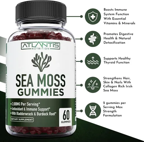 Vista 2 de Gomitas de musgo marino irlandés, 3000 mg, formuladas con musgo marino irlandés, vejiga y raíz de bardana, contienen vitaminas y minerales