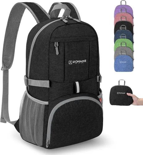 Vista 17 de ZOMAKE Mochila plegable ultraligera de 10 litros, mochila plegable pequeña, resistente al agua, mochila plegable para mujeres y hombres (negro-A1)