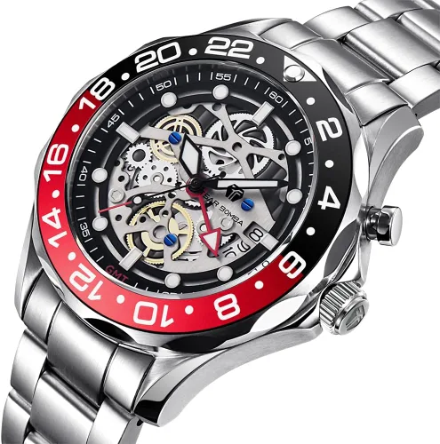 Vista 9 de TSAR BOMBA Relojes mecánicos automáticos híbridos GMT de lujo para hombres, 656.2 ft, impermeable, esqueleto japonés, movimiento de carga