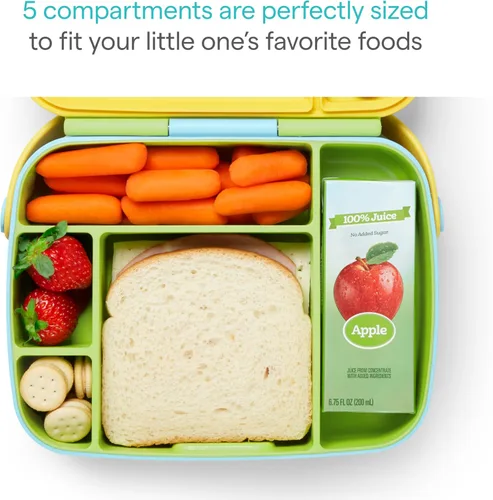 Vista 2 de Munchkin - Lonchera Bento para niños y bebés, incluye utensilios de acero inoxidable, sin BPA, para 18 meses en adelante, Azul/Verde/Amarillo