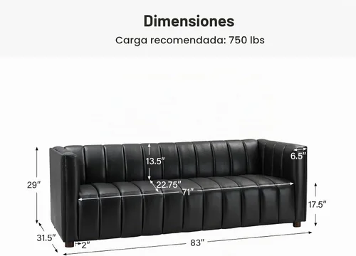 Vista 2 de HULALA HOME Sofá de cuero genuino de 83 pulgadas con diseño de canal, color Negro