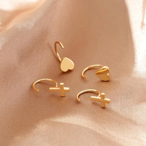Vista 4 de CHIC & ARTSY Aretes de aro de plata de ley 925, pequeños aretes de aro de bola, barra, estrella, luna, corazón, cruz, punto, triángulo, medio aro