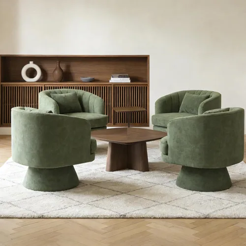 Vista 21 de ClinQ Silla giratoria de barril acento, juego de sillas redondas tapizadas de teddy extragrandes, silla de tocador moderna de lujo de 360°