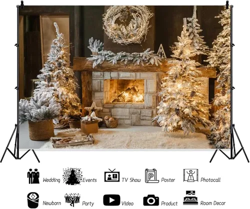 Vista 5 de Leowefowa Telón de fondo de fotos de Navidad de 5x3 pies Fondo de guirnalda de chimenea de invierno Chimenea vintage de Navidad Árbol de Navidad