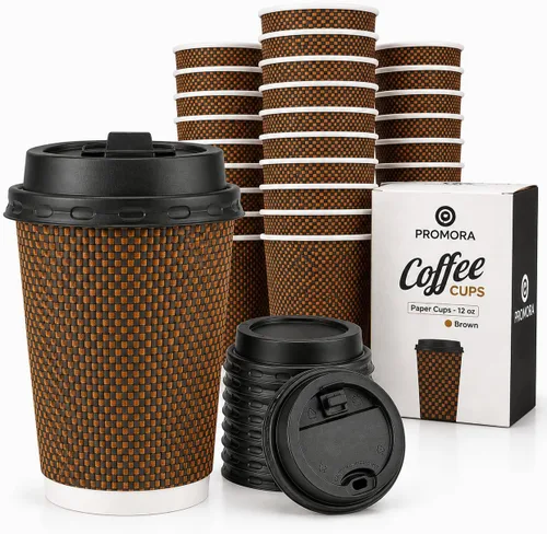 Vista 9 de Promora Tazas de café desechables marrones con tapas de 8 onzas, tazas de papel onduladas de papel aislado premium para café caliente, taza de café