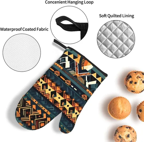Vista 5 de Juego de guantes de horno y soportes para ollas con textura étnica tribal africana, guantes de cocina y soportes para ollas, juego de 3 piezas