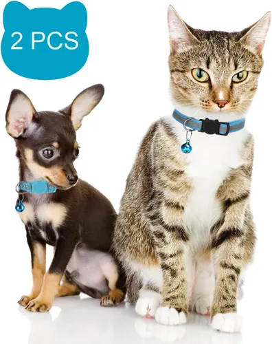 Vista 5 de Paquete de 2 collares reflectantes para gatos con campanas de 7 a 12 pulgadas, color azul Reflective, breakaway buckle, bells included, 7-12 inch