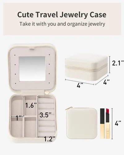 Vista 4 de Vlando Pequeño organizador de joyas de viaje, vitrina para niñas, mujeres, regalo anillos, aretes, collares, almacenamiento con espejo, color blanco