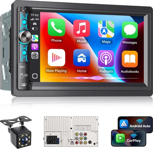 Vista 9 de Estéreo de auto de doble DIN de 7 pulgadas, Apple Carplay inalámbrico y Android Auto, pantalla táctil HD, Bluetooth, 240W, SWC, salida de subwoofer