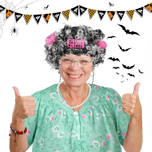 Vista 4 de Jiuguva 7 piezas de disfraz de anciana para mujeres y niños, túnica de manga corta para abuelita, peluca de anciana, peluca plegable con muleta