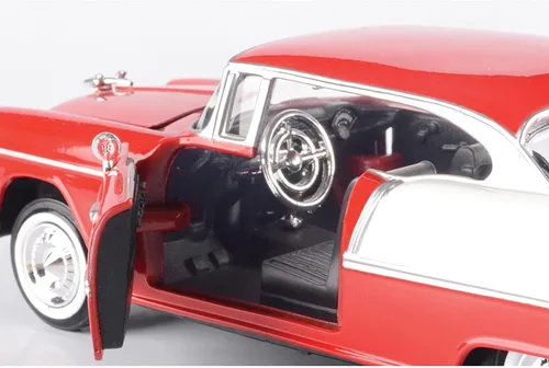 Vista 5 de 1955 Chevy Bel Air, rojo, escala 1/24 fundido a troquel modelo Toy Car Motormax 73229