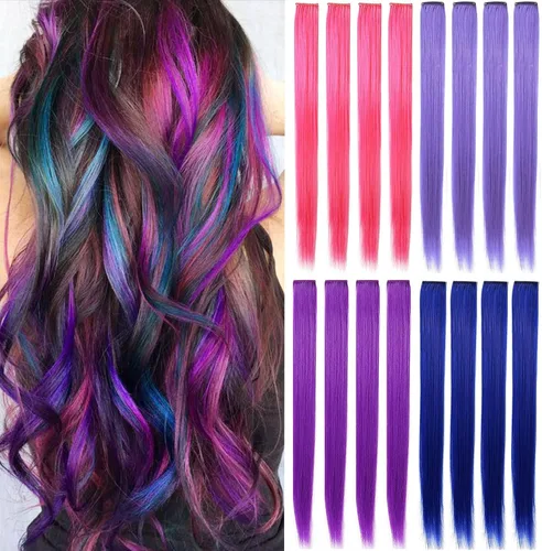 Vista 12 de 12 extensiones de cabello de colores rectas de 20 pulgadas, extensiones de cabello sintético con clip, color arcoíris, con reflejos, para fiesta